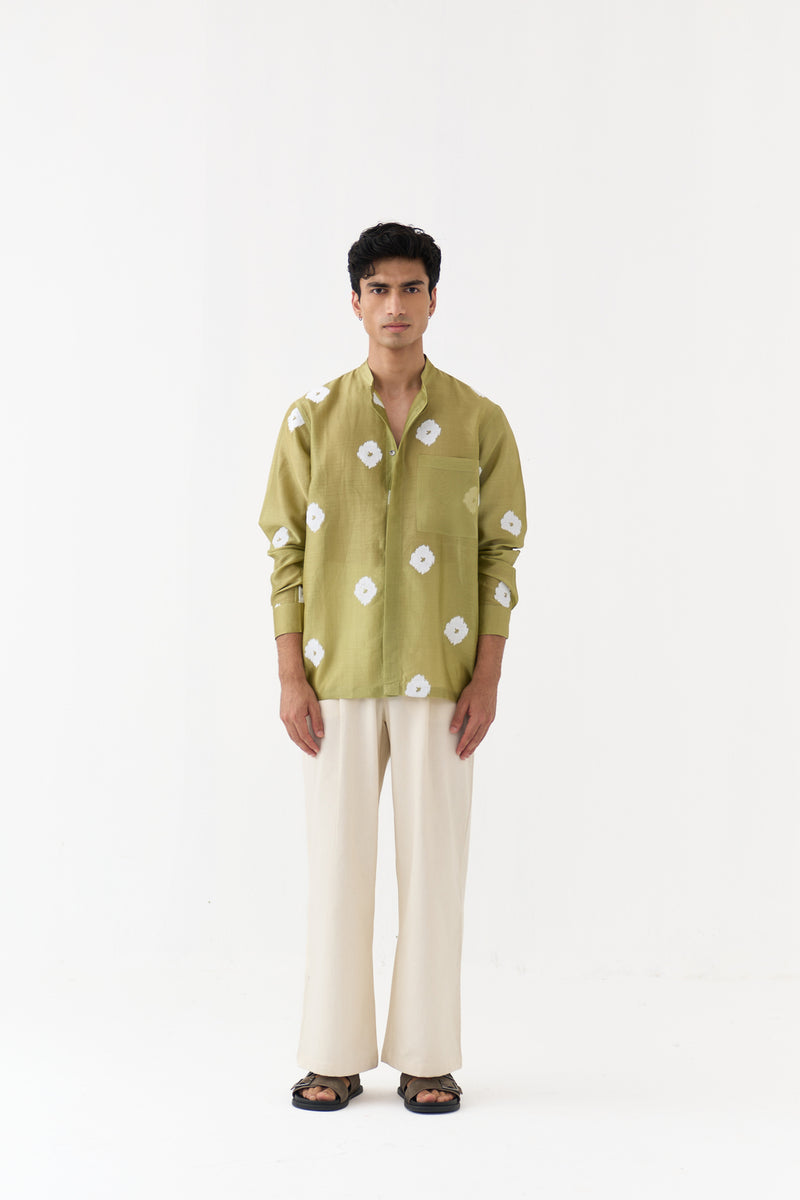 Block Print Band Collar Shirt chanderi,twill shirt by THREE Men in green,ivory for men Worldwide