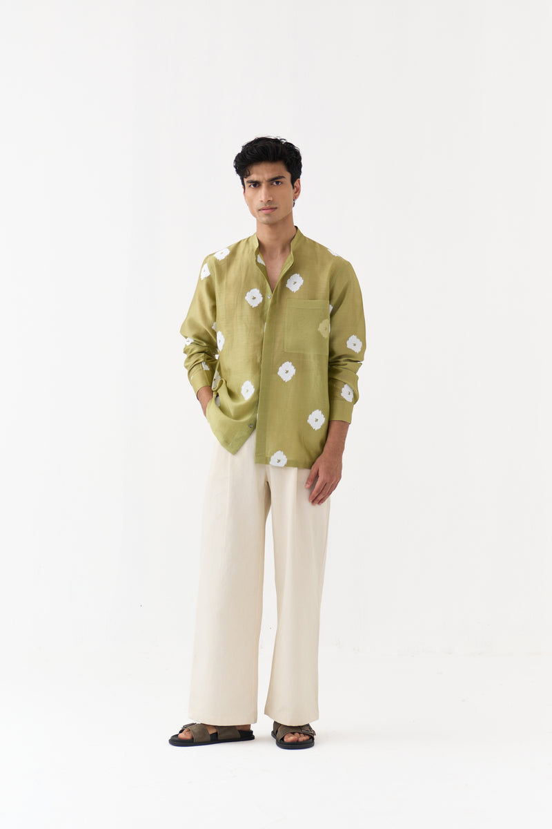 Block Print Band Collar Shirt chanderi,twill shirt by THREE Men in green,ivory for men Worldwide