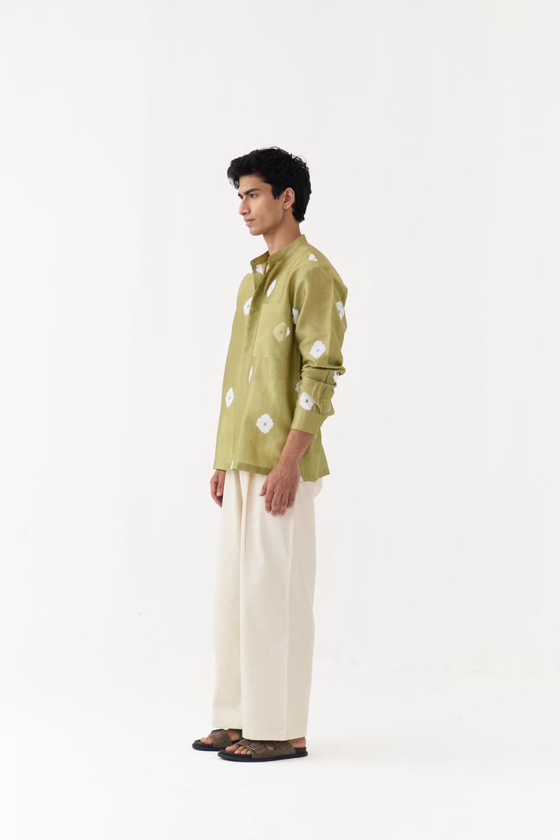 Block Print Band Collar Shirt chanderi,twill shirt by THREE Men in green,ivory for men Worldwide