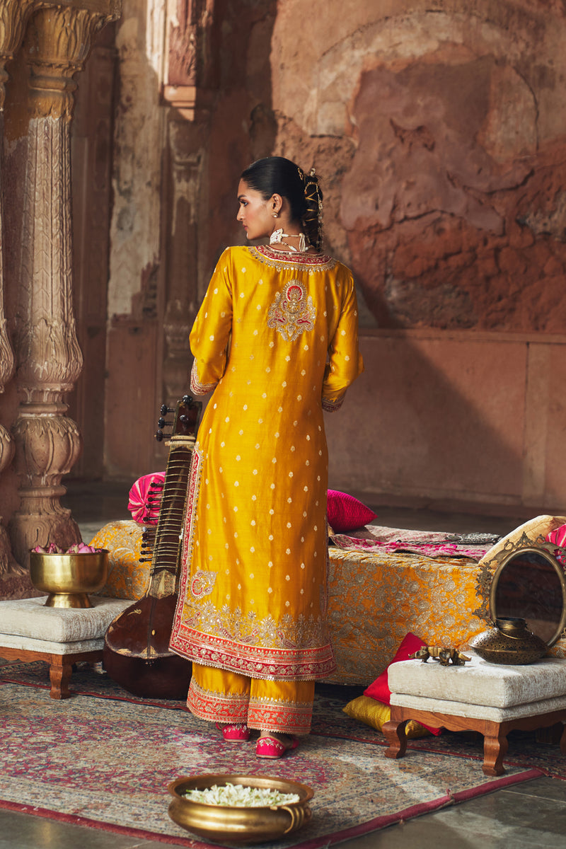 SOBIA - MUSTARD LONG KURTA WITH PALAZZO AND DUPATTA silk chanderi kurta/kurta set by SHEETAL BATRA in mustard for women Worldwide