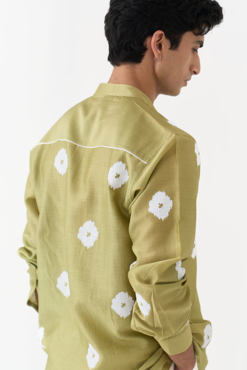 Block Print Band Collar Shirt chanderi,twill shirt by THREE Men in green,ivory for men Worldwide