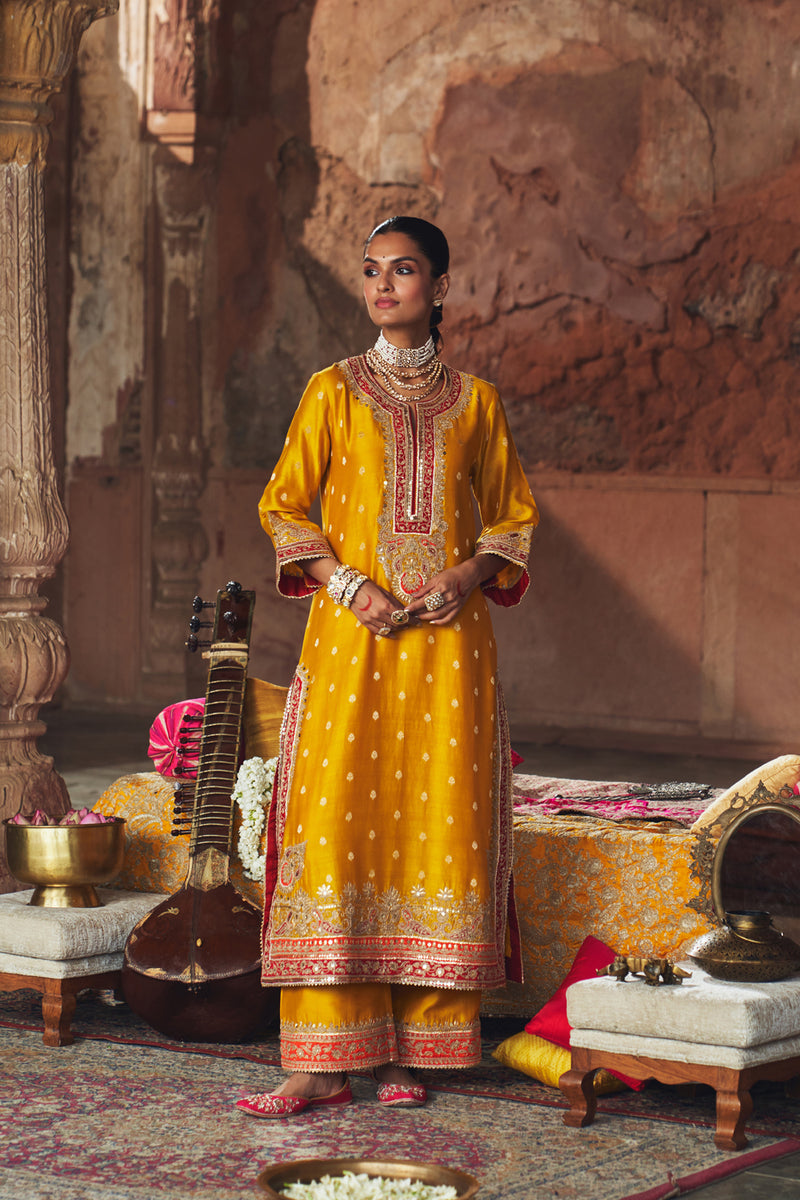 SOBIA - MUSTARD LONG KURTA WITH PALAZZO AND DUPATTA silk chanderi kurta/kurta set by SHEETAL BATRA in mustard for women Worldwide
