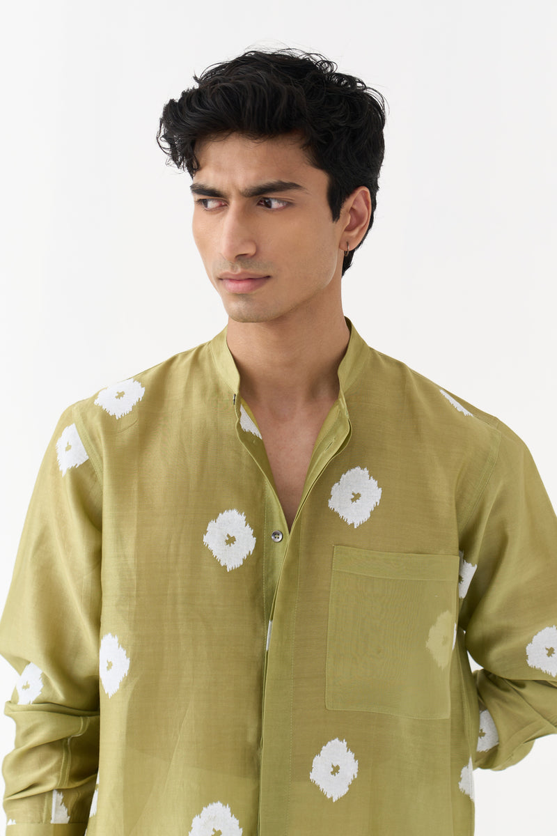 Block Print Band Collar Shirt chanderi,twill shirt by THREE Men in green,ivory for men Worldwide