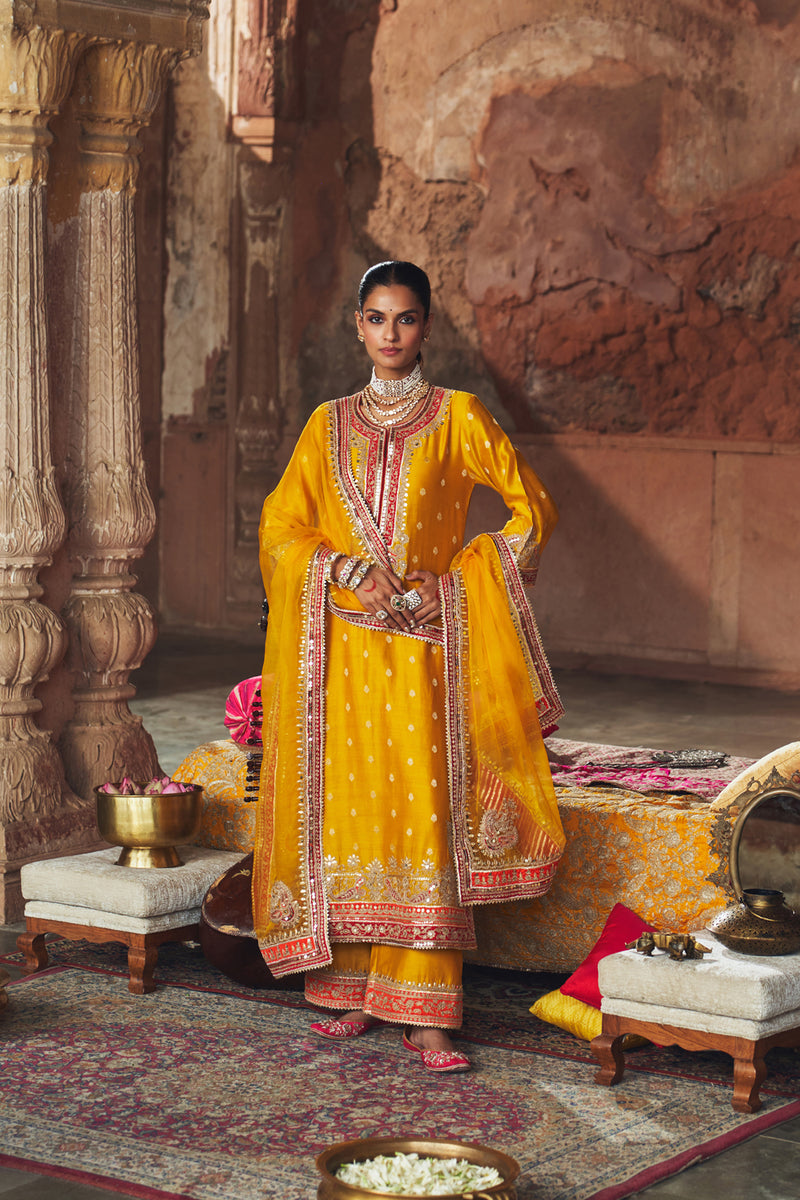 SOBIA - MUSTARD LONG KURTA WITH PALAZZO AND DUPATTA silk chanderi kurta/kurta set by SHEETAL BATRA in mustard for women Worldwide