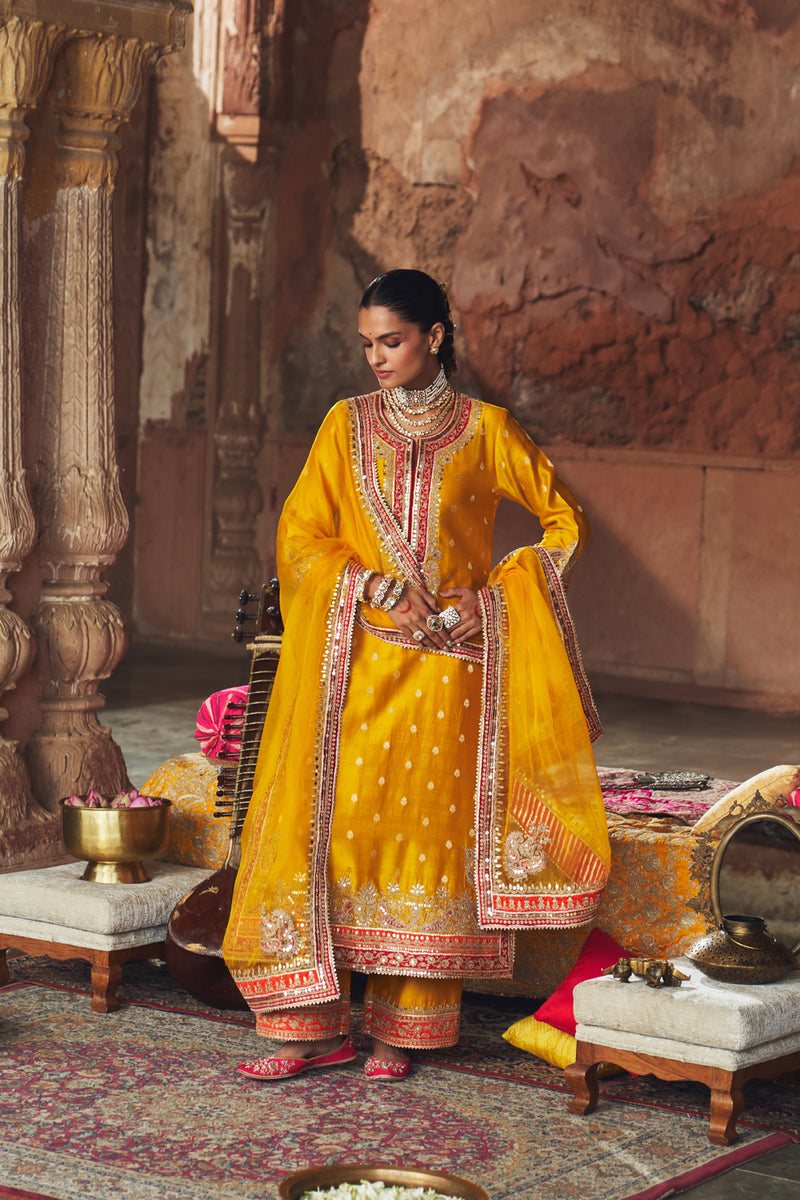 SOBIA - MUSTARD LONG KURTA WITH PALAZZO AND DUPATTA silk chanderi kurta/kurta set by SHEETAL BATRA in mustard for women Worldwide