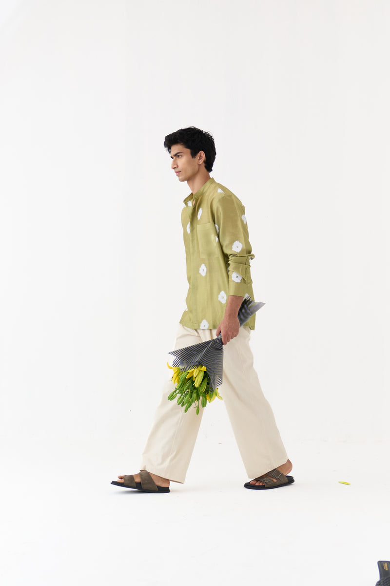 Block Print Band Collar Shirt chanderi,twill shirt by THREE Men in green,ivory for men Worldwide