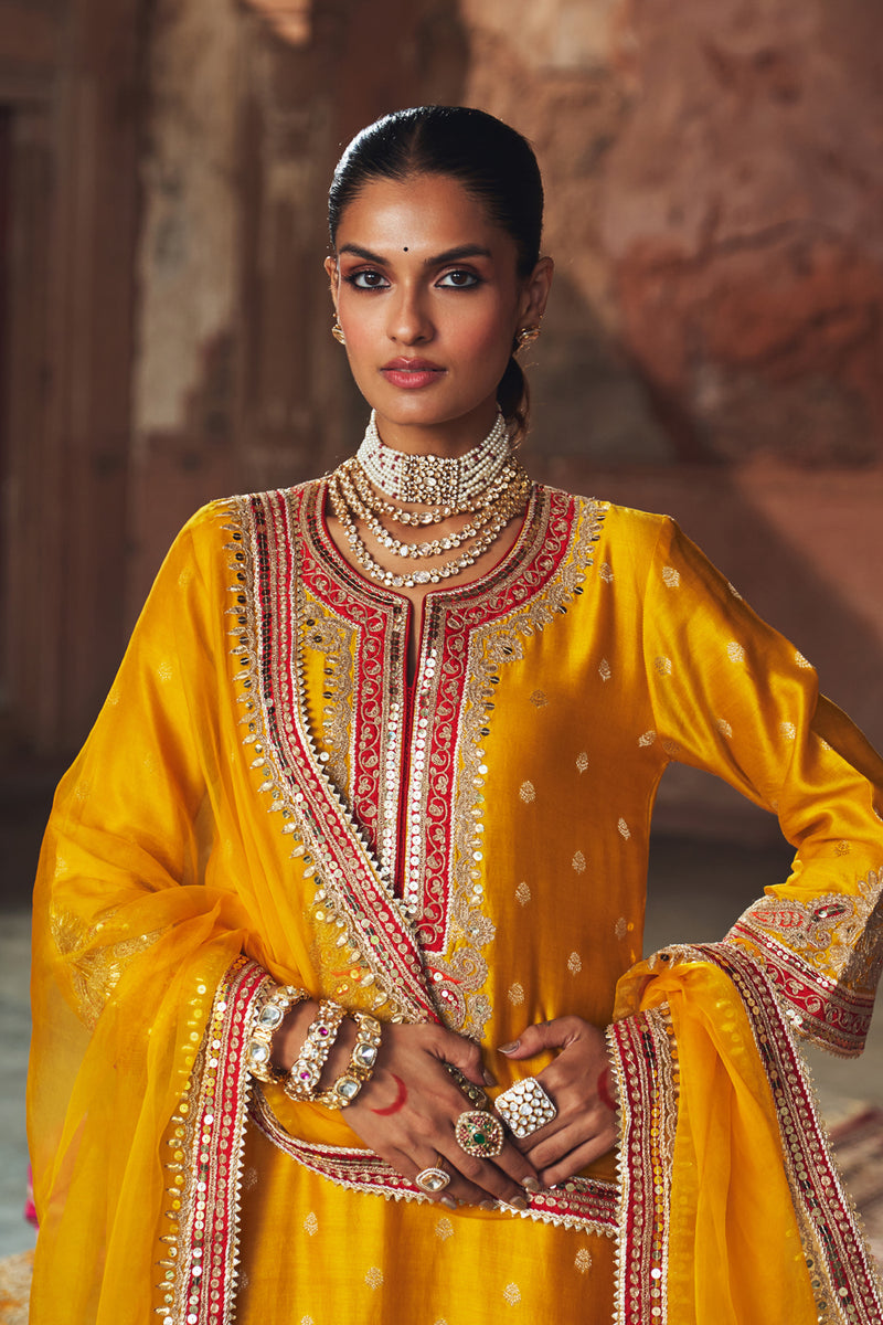 SOBIA - MUSTARD LONG KURTA WITH PALAZZO AND DUPATTA silk chanderi kurta/kurta set by SHEETAL BATRA in mustard for women Worldwide