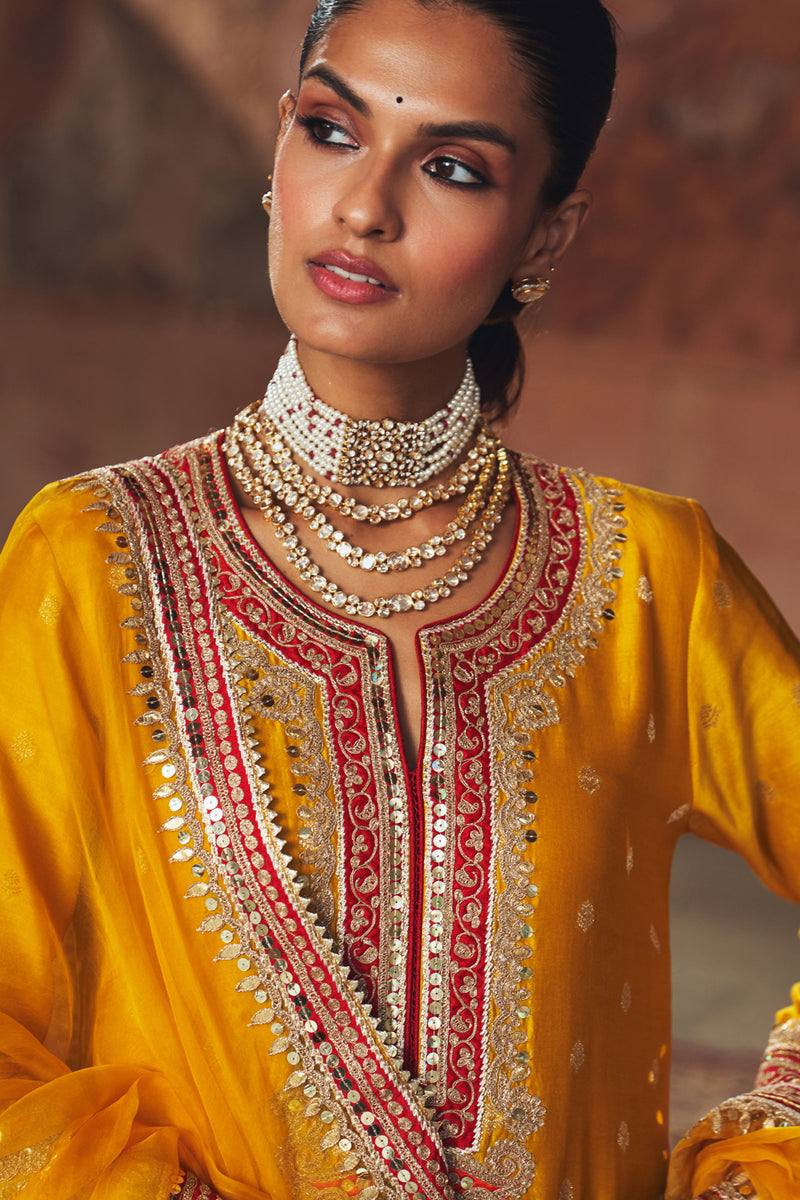 SOBIA - MUSTARD LONG KURTA WITH PALAZZO AND DUPATTA silk chanderi kurta/kurta set by SHEETAL BATRA in mustard for women Worldwide