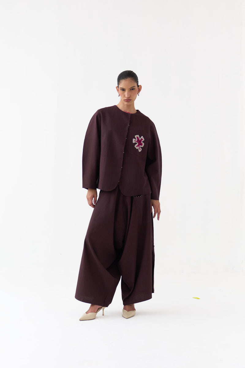 Embroidered Contour Overlay Co-Ord (Set Of 2)-Dark Brown handwoven cotton co-ord set by THREE in brown for women Worldwide