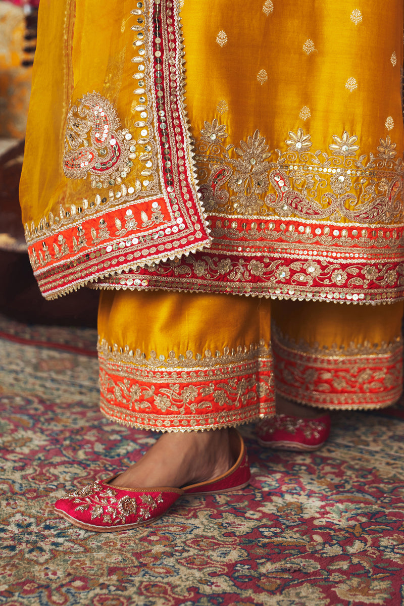 SOBIA - MUSTARD LONG KURTA WITH PALAZZO AND DUPATTA silk chanderi kurta/kurta set by SHEETAL BATRA in mustard for women Worldwide