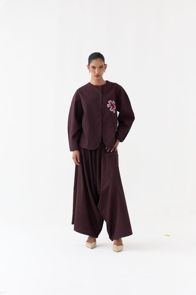 Drop Crotch Pant-Dark Brown handwoven cotton pant/trouser by THREE in brown for women Worldwide