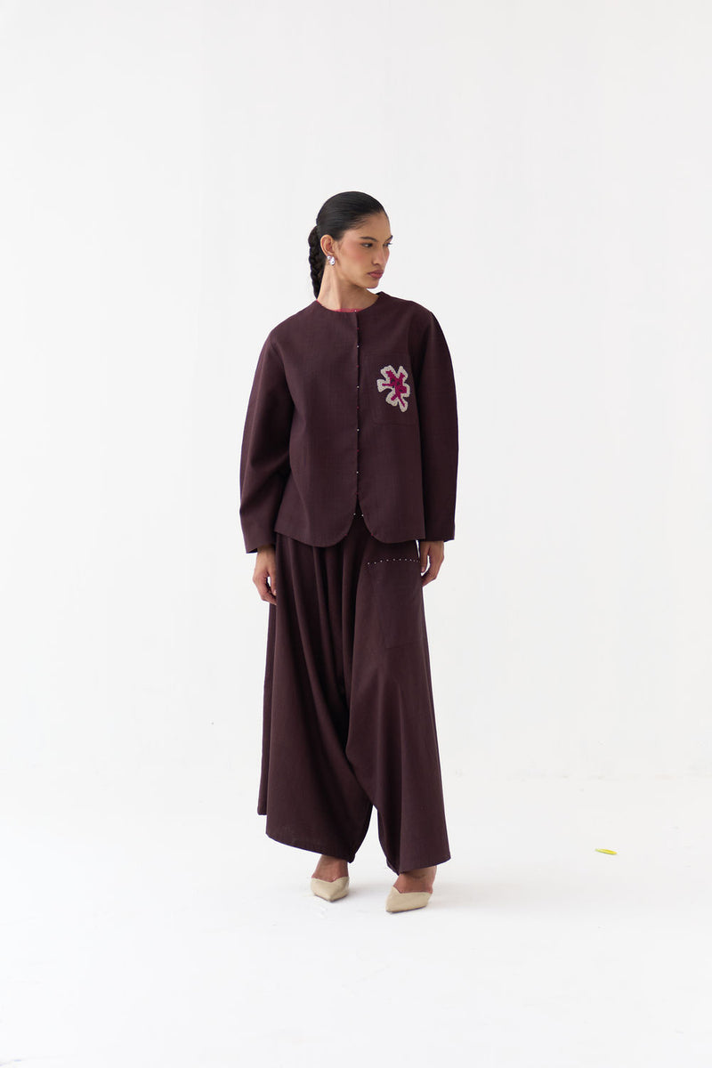 Drop Crotch Pant-Dark Brown handwoven cotton pant/trouser by THREE in brown for women Worldwide