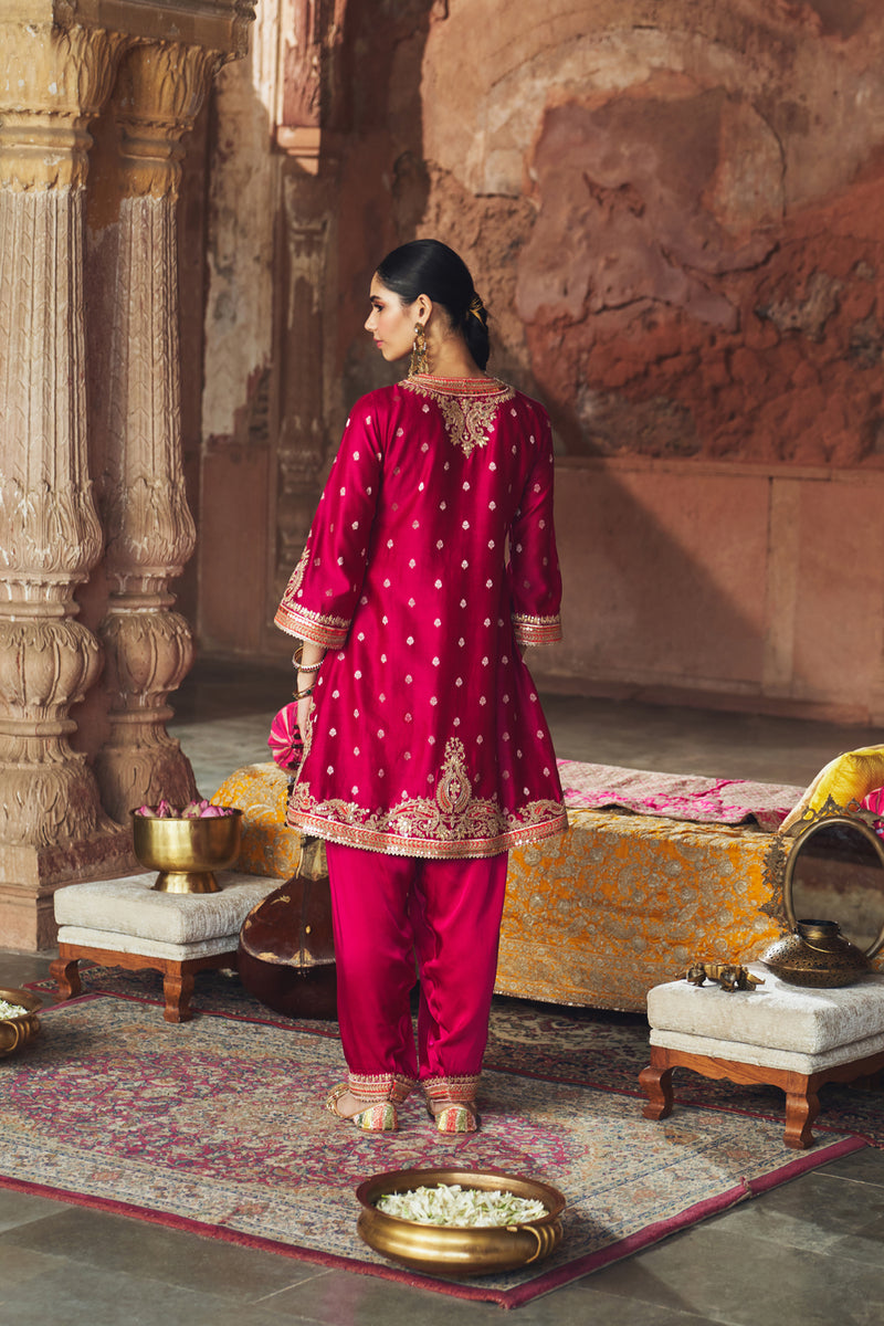 MEHWISH - HOTPINK SHORT KURTA WITH SALWAR AND DUPATTA chanderi silk kurta/kurta set by SHEETAL BATRA in pink for women Worldwide