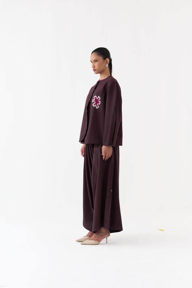 Embroidered Contour Overlay Co-Ord (Set Of 2)-Dark Brown handwoven cotton co-ord set by THREE in brown for women Worldwide