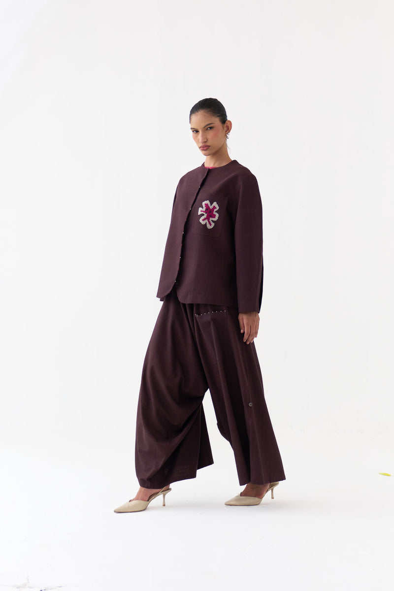 Drop Crotch Pant-Dark Brown handwoven cotton pant/trouser by THREE in brown for women Worldwide