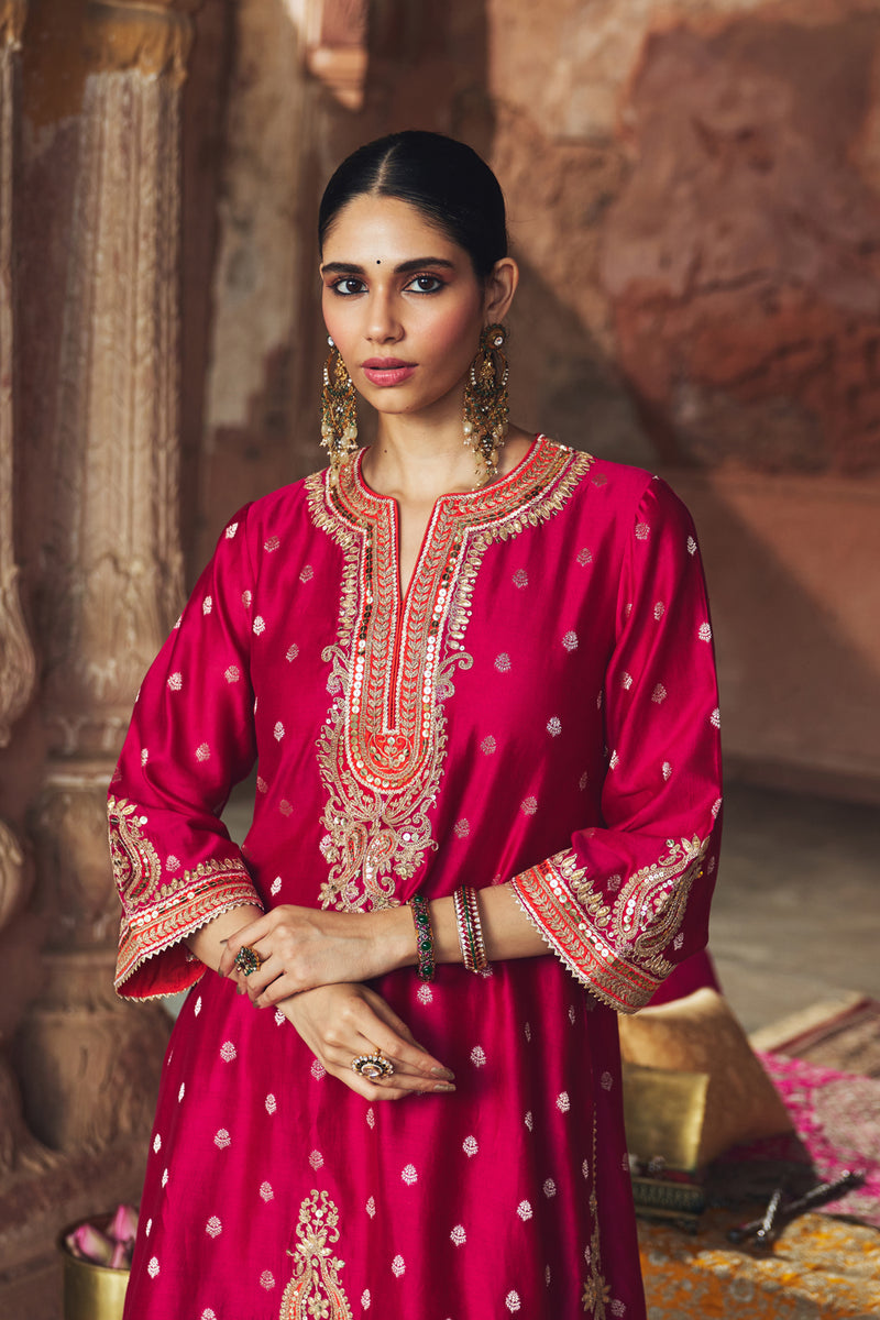 MEHWISH - HOTPINK SHORT KURTA WITH SALWAR AND DUPATTA chanderi silk kurta/kurta set by SHEETAL BATRA in pink for women Worldwide