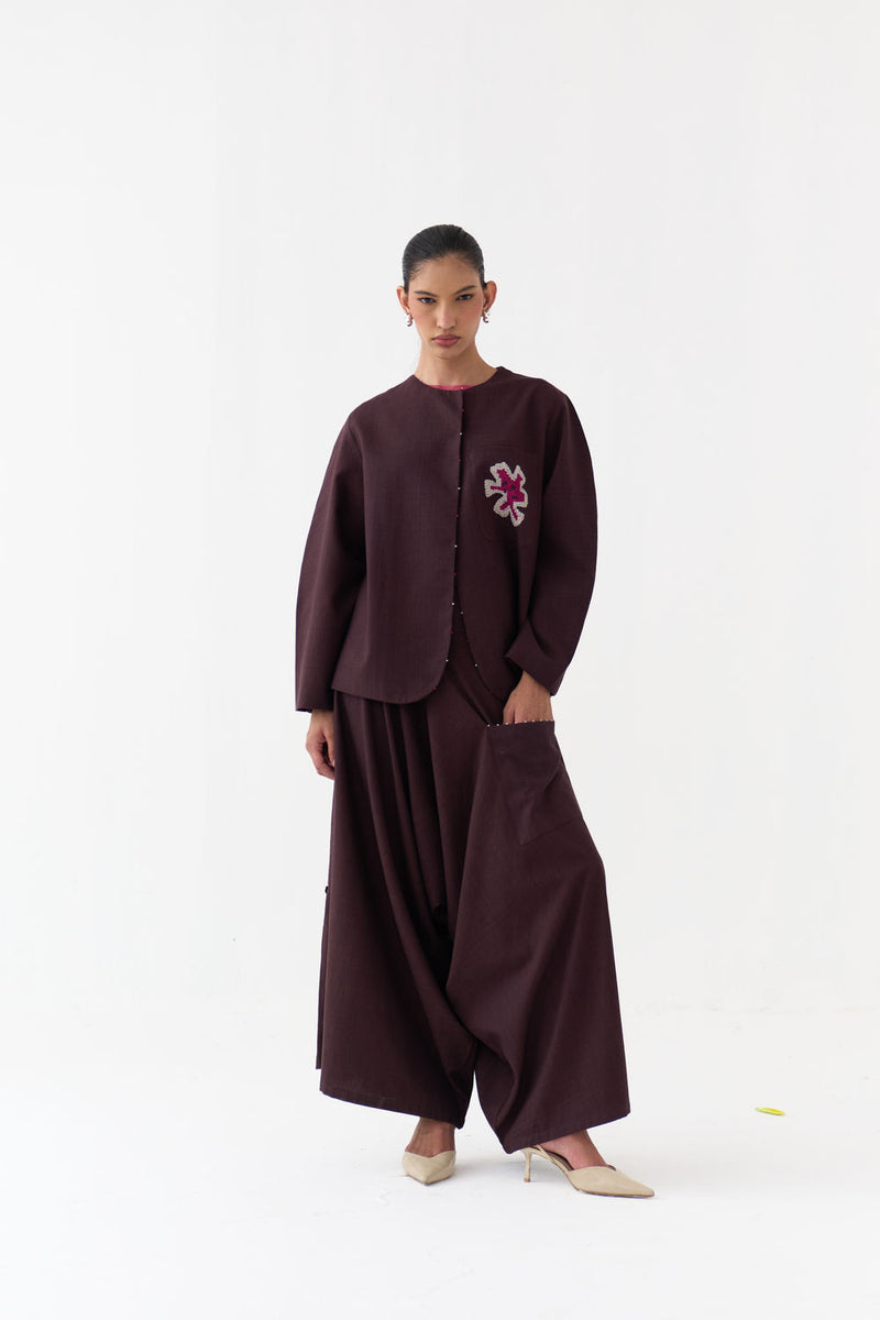 Embroidered Contour Overlay Co-Ord (Set Of 2)-Dark Brown handwoven cotton co-ord set by THREE in brown for women Worldwide