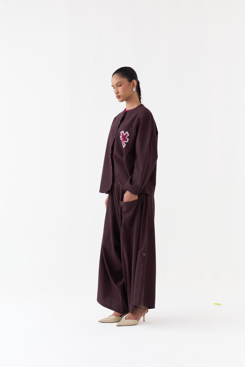 Drop Crotch Pant-Dark Brown handwoven cotton pant/trouser by THREE in brown for women Worldwide