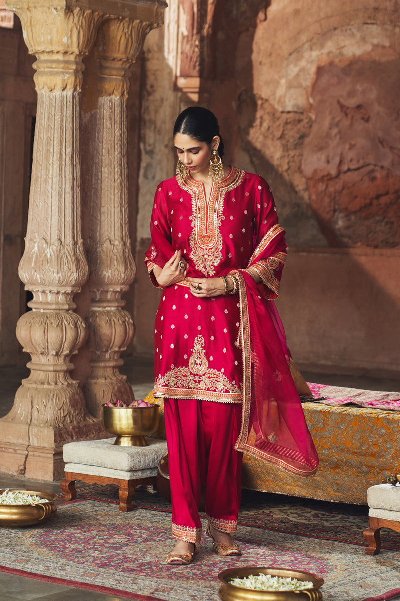 MEHWISH - HOTPINK SHORT KURTA WITH SALWAR AND DUPATTA chanderi silk kurta/kurta set by SHEETAL BATRA in pink for women Worldwide