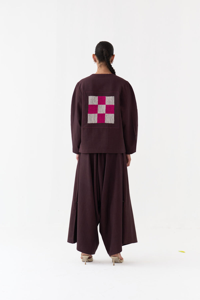 Embroidered Contour Overlay Co-Ord (Set Of 2)-Dark Brown handwoven cotton co-ord set by THREE in brown for women Worldwide