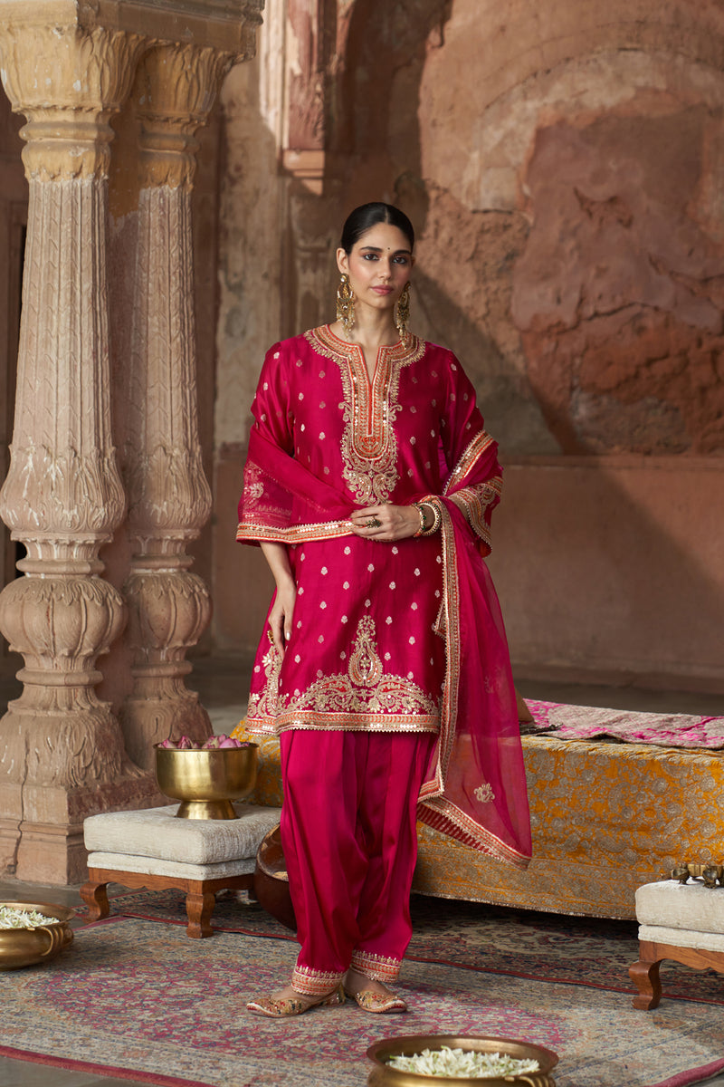 MEHWISH - HOTPINK SHORT KURTA WITH SALWAR AND DUPATTA chanderi silk kurta/kurta set by SHEETAL BATRA in pink for women Worldwide