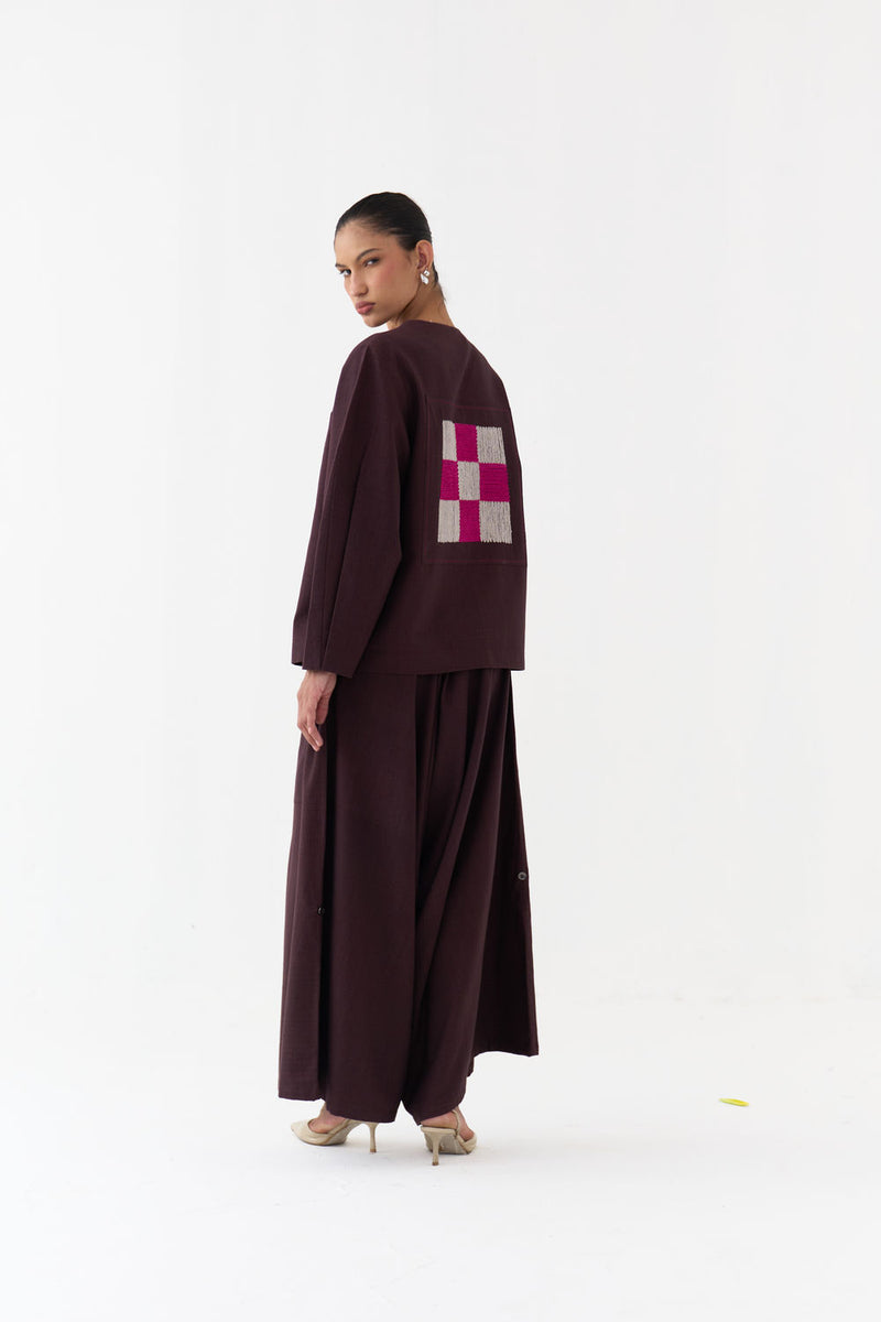 Embroidered Contour Overlay Co-Ord (Set Of 2)-Dark Brown handwoven cotton co-ord set by THREE in brown for women Worldwide