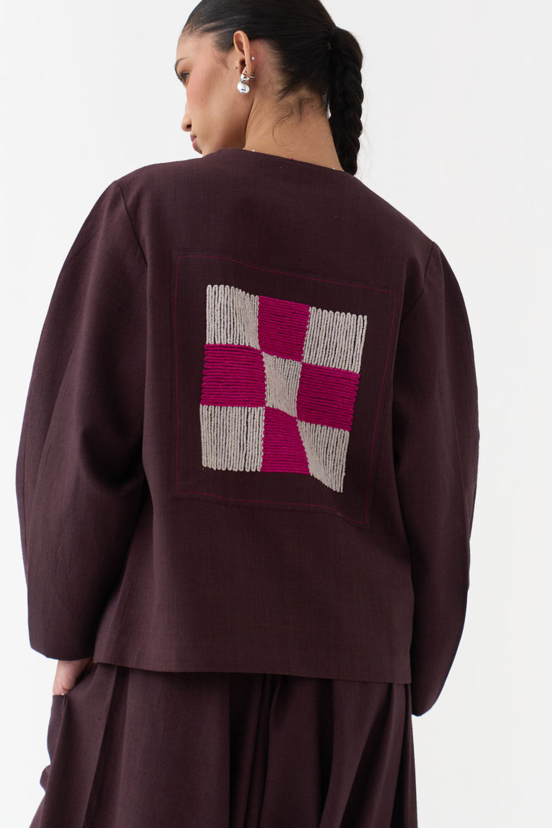 Embroidered Contour Overlay-Dark Brown handwoven cotton jacket/overlay by THREE in brown for women Worldwide