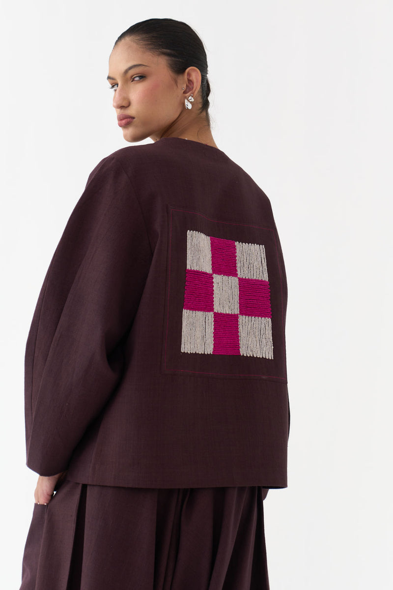 Embroidered Contour Overlay Co-Ord (Set Of 2)-Dark Brown handwoven cotton co-ord set by THREE in brown for women Worldwide