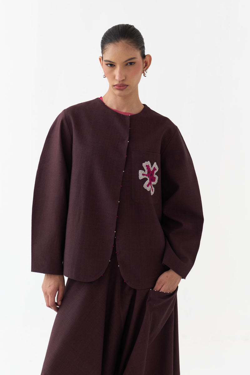 Embroidered Contour Overlay Co-Ord (Set Of 2)-Dark Brown handwoven cotton co-ord set by THREE in brown for women Worldwide