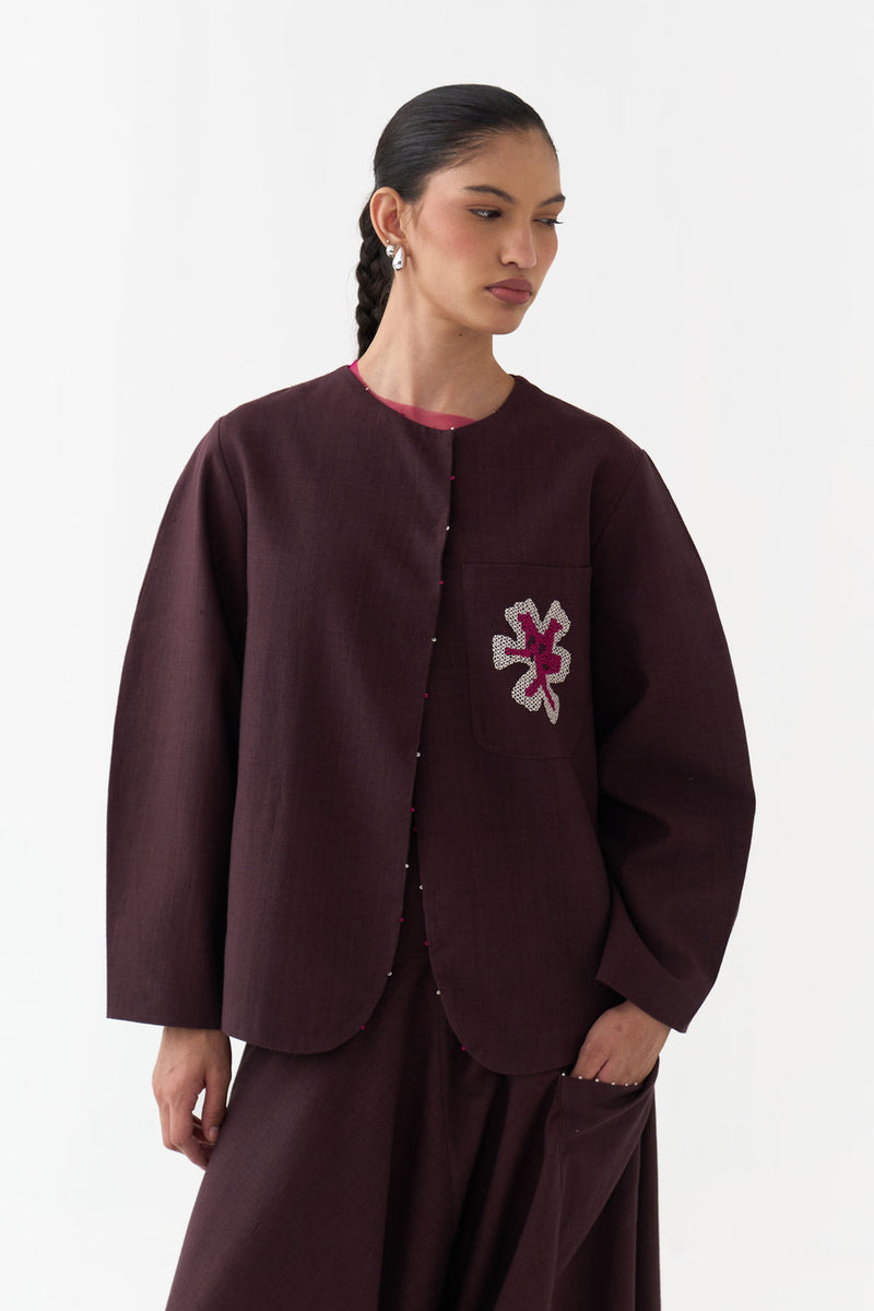 Embroidered Contour Overlay-Dark Brown handwoven cotton jacket/overlay by THREE in brown for women Worldwide