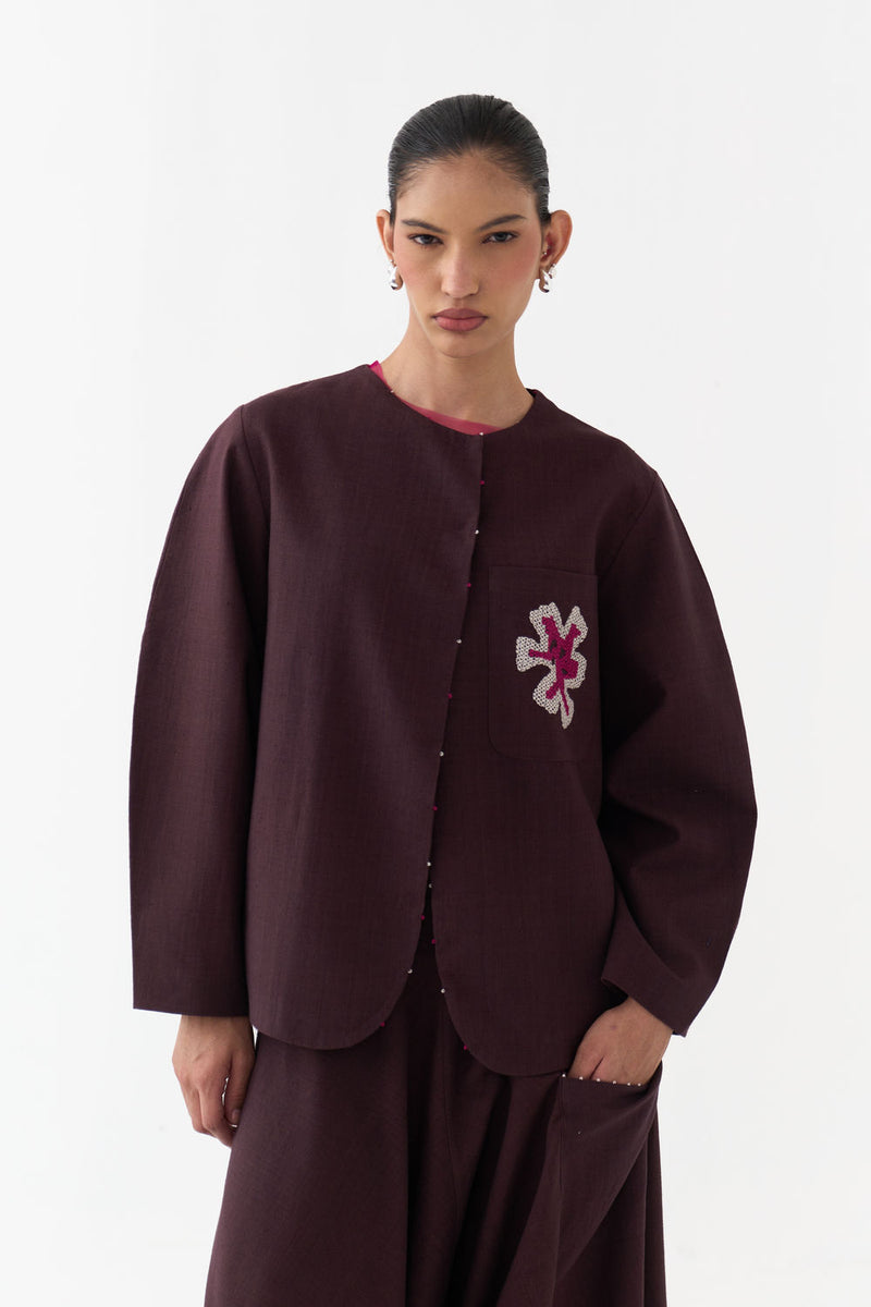 Embroidered Contour Overlay-Dark Brown handwoven cotton jacket/overlay by THREE in brown for women Worldwide
