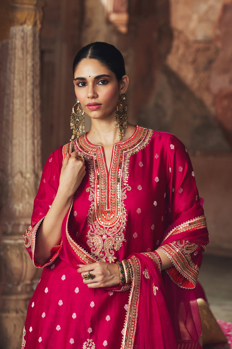 MEHWISH - HOTPINK SHORT KURTA WITH SALWAR AND DUPATTA chanderi silk kurta/kurta set by SHEETAL BATRA in pink for women Worldwide
