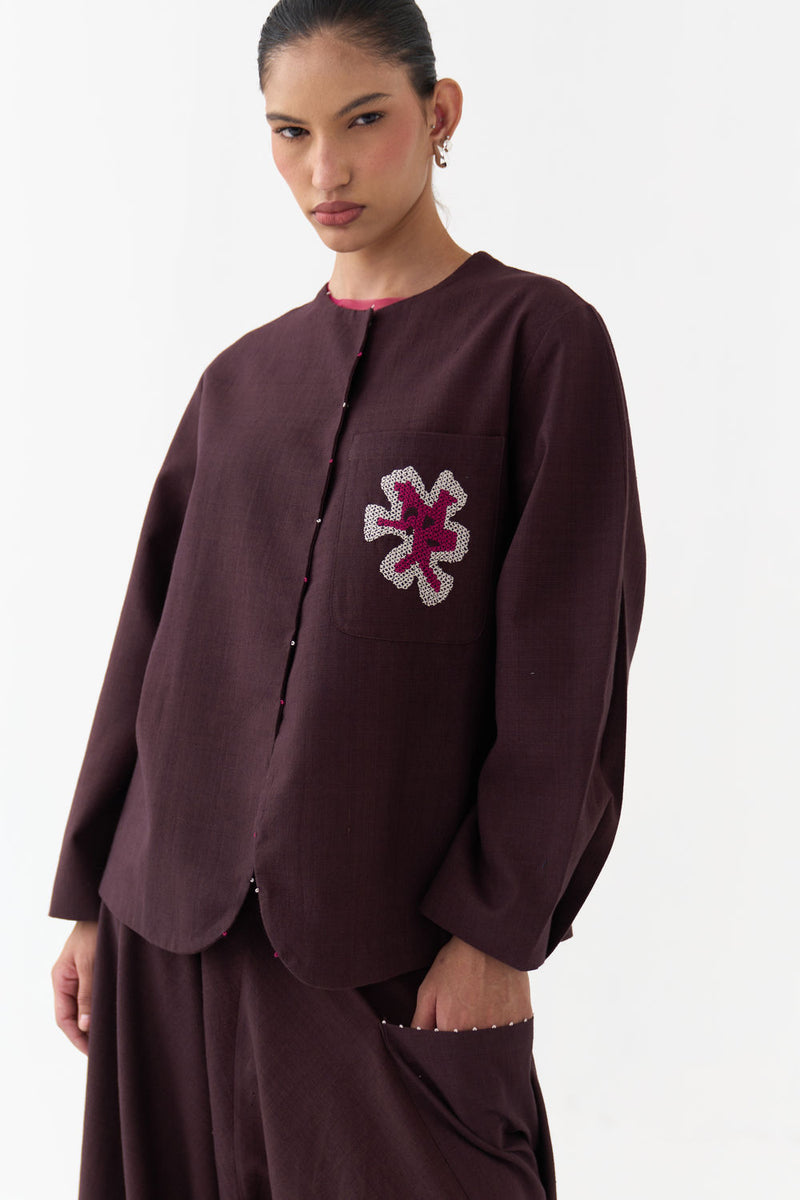 Embroidered Contour Overlay-Dark Brown handwoven cotton jacket/overlay by THREE in brown for women Worldwide