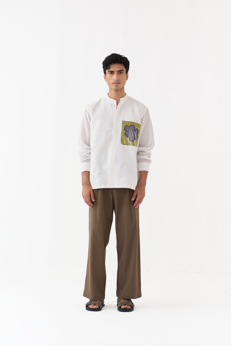 Fringe Applique Patch Pocket Shirt handwoven cotton mul shirt by THREE Men in white for men Worldwide