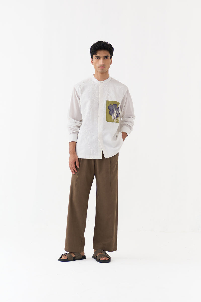 Fringe Applique Patch Pocket Shirt handwoven cotton mul shirt by THREE Men in white for men Worldwide