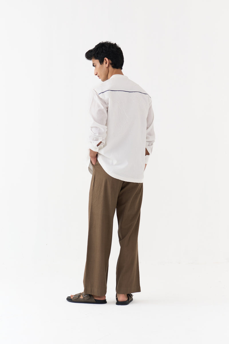 Fringe Applique Patch Pocket Shirt Co-Ord handwoven cotton mul co-ord set by THREE Men in white,brown for men Worldwide