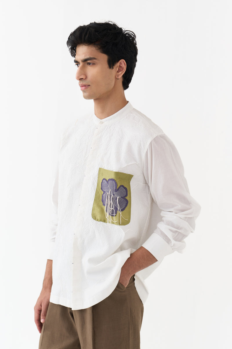 Fringe Applique Patch Pocket Shirt handwoven cotton mul shirt by THREE Men in white for men Worldwide