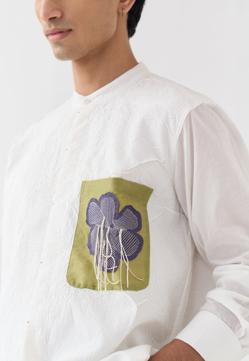 Fringe Applique Patch Pocket Shirt handwoven cotton mul shirt by THREE Men in white for men Worldwide