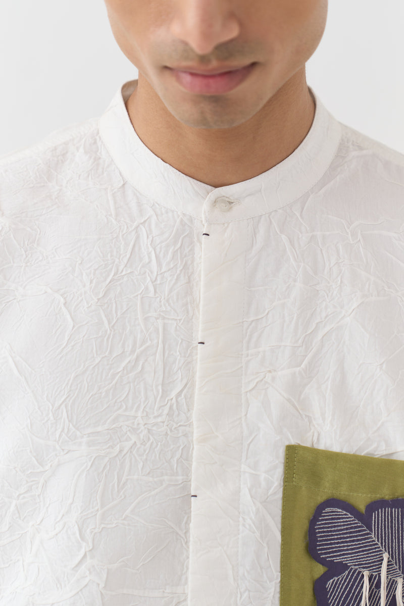Fringe Applique Patch Pocket Shirt handwoven cotton mul shirt by THREE Men in white for men Worldwide