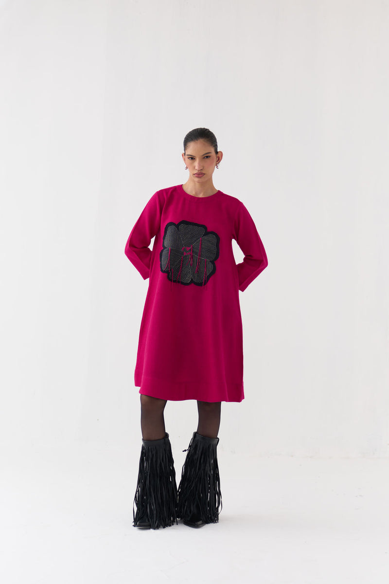 Floral Applique Woollen Dress-Fuchsia merino wool dress by THREE in fuchsia for women Worldwide
