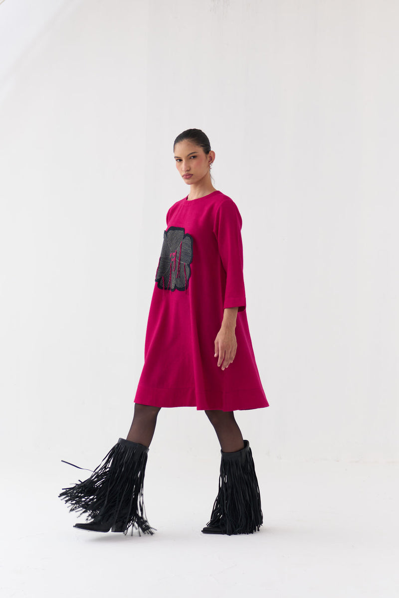 Floral Applique Woollen Dress-Fuchsia merino wool dress by THREE in fuchsia for women Worldwide