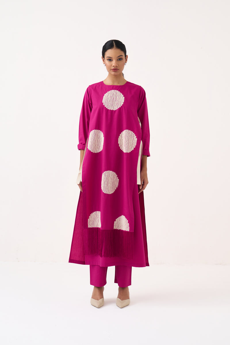 Emb. Side Tie Overlay Co-Ord (Set Of 3)-Bright Berry poplin co-ord set by THREE in pink for women Worldwide
