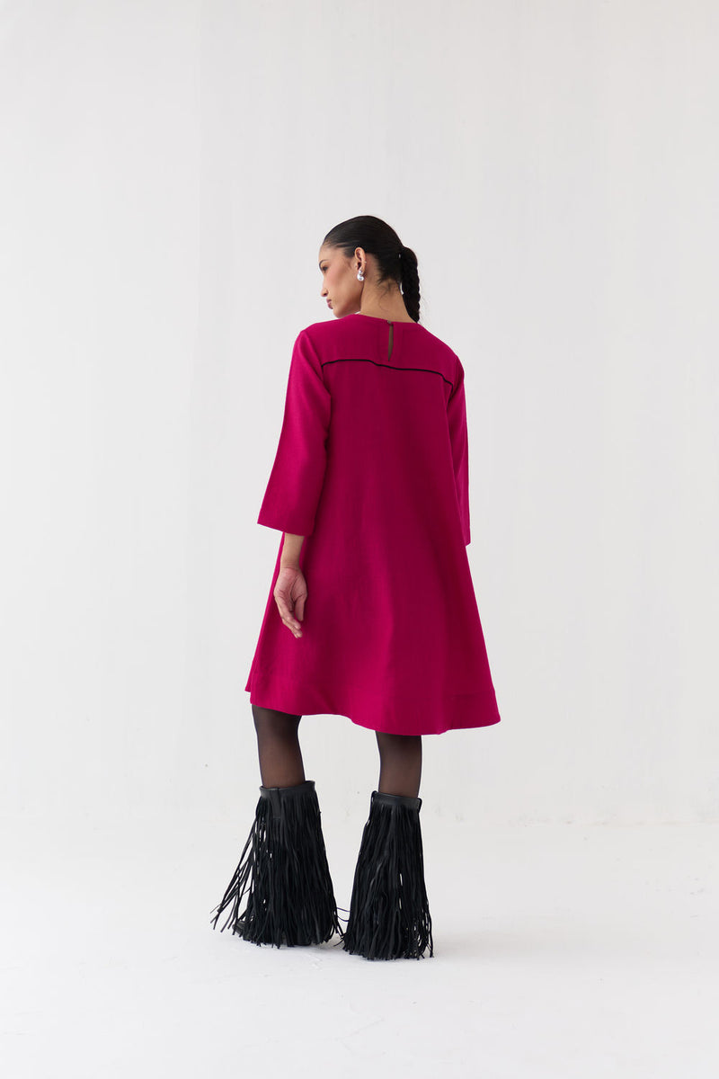 Floral Applique Woollen Dress-Fuchsia merino wool dress by THREE in fuchsia for women Worldwide