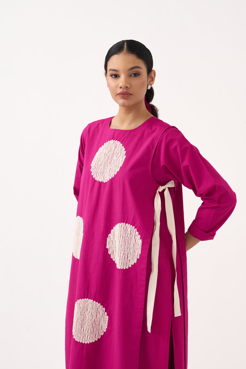 Emb. Side Tie Overlay Co-Ord (Set Of 3)-Bright Berry poplin co-ord set by THREE in pink for women Worldwide