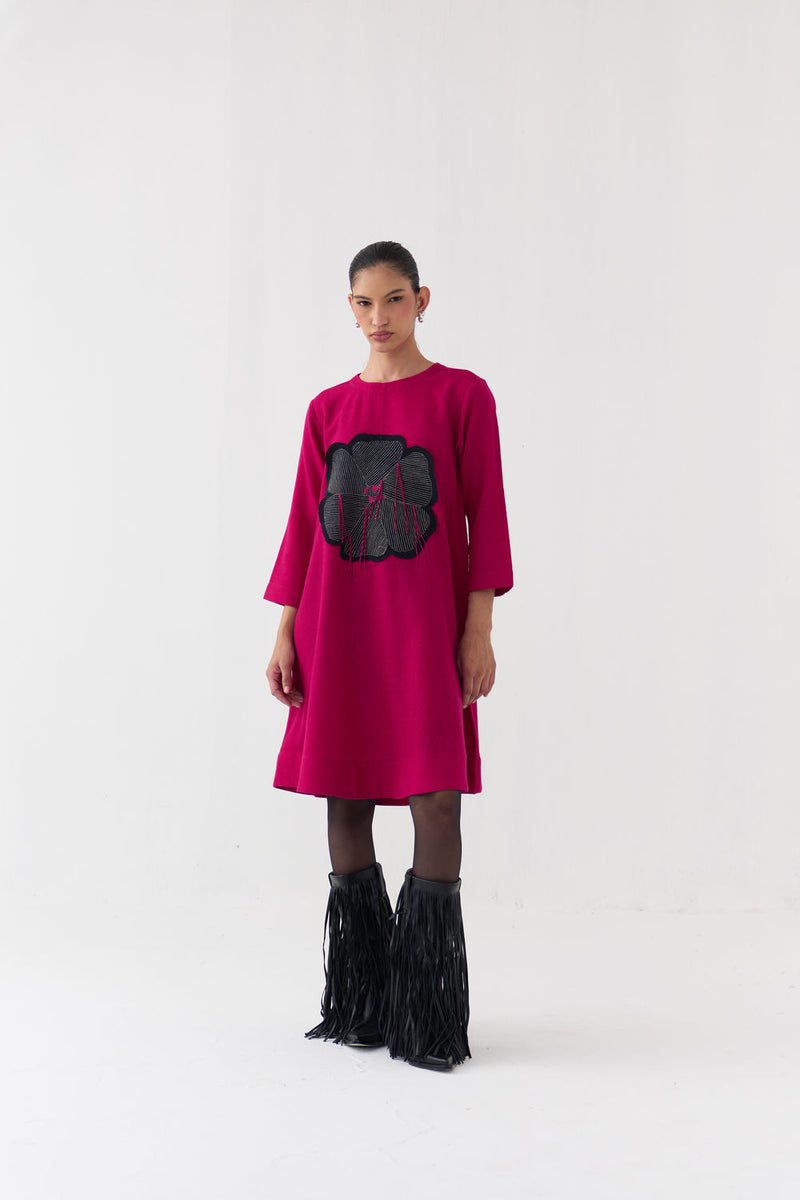 Floral Applique Woollen Dress-Fuchsia merino wool dress by THREE in fuchsia for women Worldwide