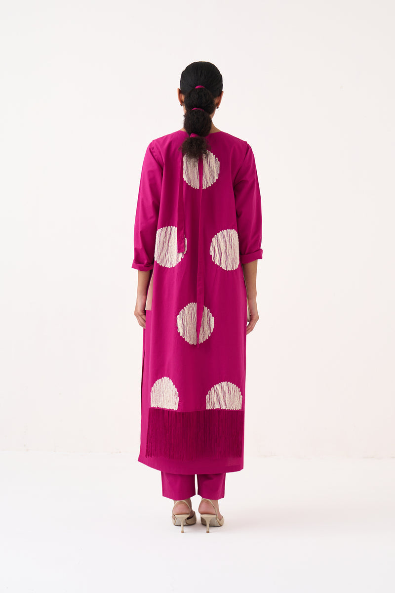 Emb. Side Tie Overlay Co-Ord (Set Of 3)-Bright Berry poplin co-ord set by THREE in pink for women Worldwide