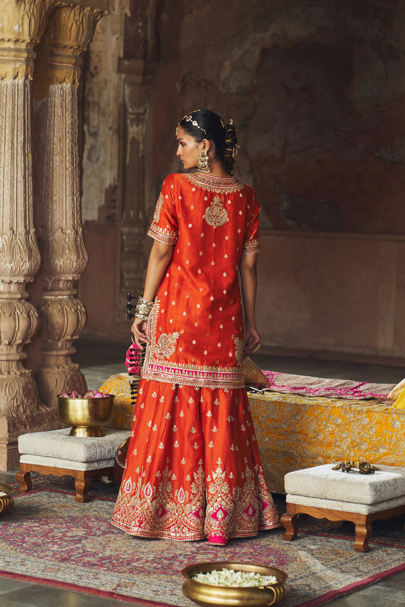 AREESHA - BURNT ORANGE SHORT KURTA WITH SHARARA AND DUPATTA silk chanderi kurta/kurta set by SHEETAL BATRA in orange for women Worldwide