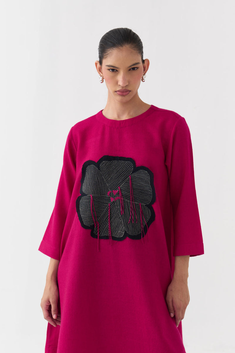 Floral Applique Woollen Dress-Fuchsia merino wool dress by THREE in fuchsia for women Worldwide