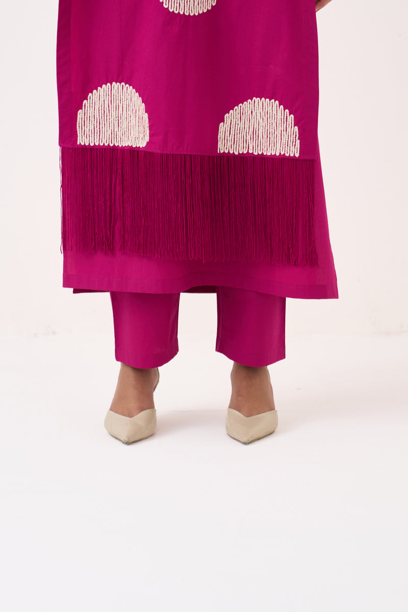 Emb. Side Tie Overlay Co-Ord (Set Of 3)-Bright Berry poplin co-ord set by THREE in pink for women Worldwide