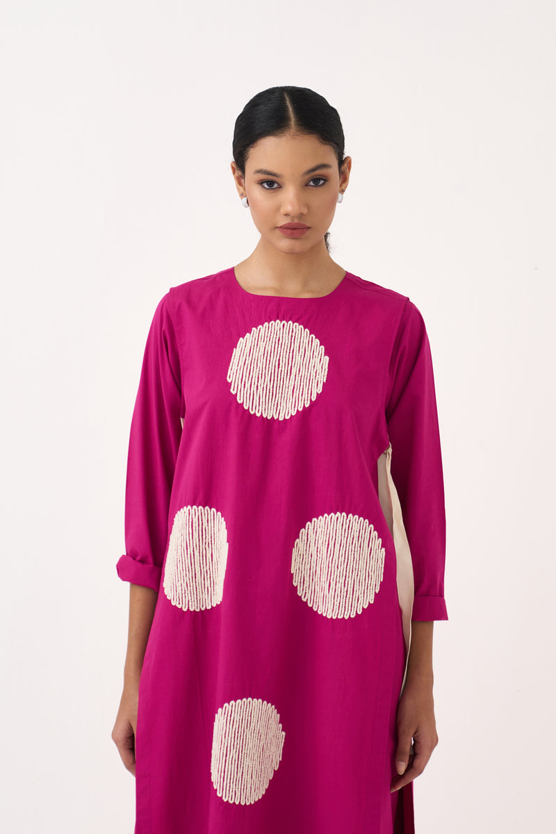 Emb. Side Tie Overlay Co-Ord (Set Of 3)-Bright Berry poplin co-ord set by THREE in pink for women Worldwide